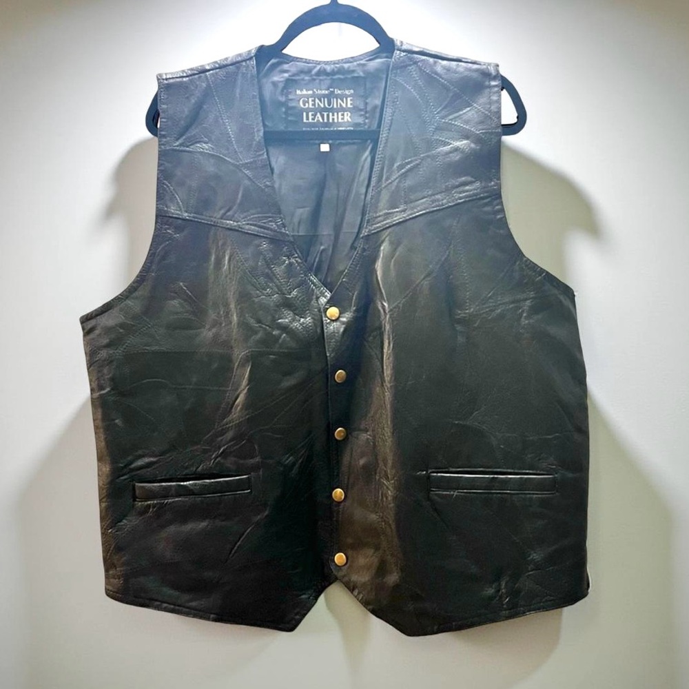 Vintage Black Leather Biker VEST Patchwork Vest Navarre Leather Company Mens XL